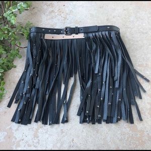 BCBG Black Leather Fringe Belt Skirt Festival